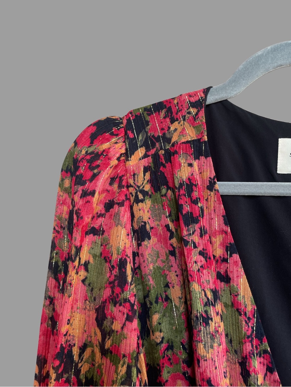SEZANE Metallic Pink Floral Printed Long Sleeve V Neck Armonie Silk Wrap Dress - Picture 10 of 14